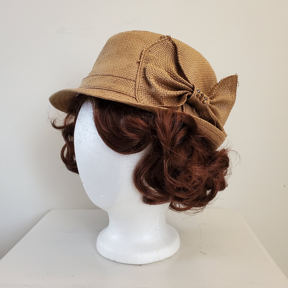 Vintage Woven Straw Fedora Hat With Bow Detail